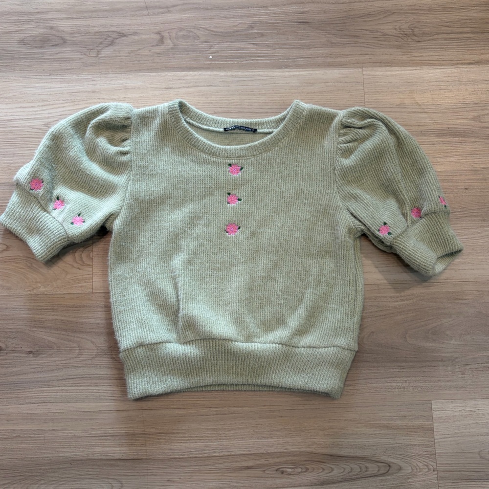 Zara Sage Green Knit Sweater with Pink Floral Detail